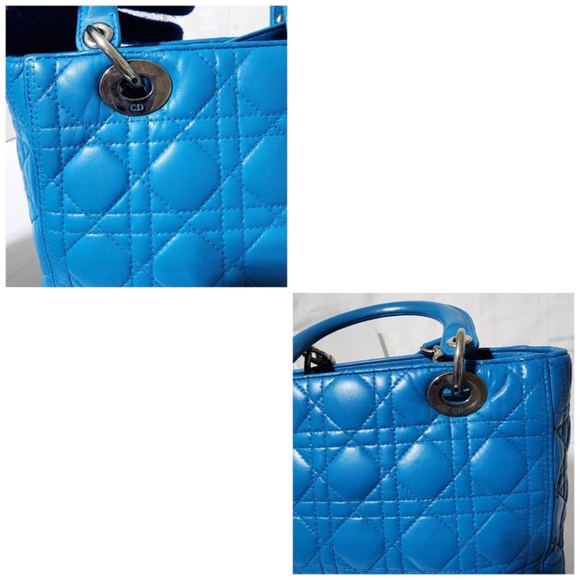 Authentic CHRISTIAN DIOR Lambskin Cannage Medium Lady Dior Satchel Bag Blue - Picture 10 of 16